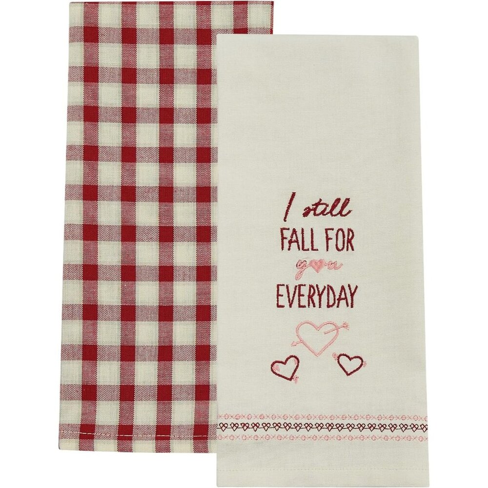 Set Of 2 Valentine Kitchen Towels With Embroidered "I Still Fall For You Everyda